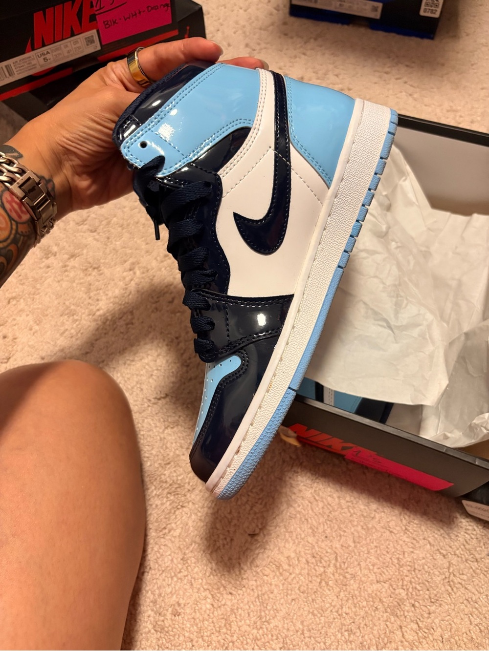 Women’s Jordan 1’s High Patent Leather - White Navy obsidian blue